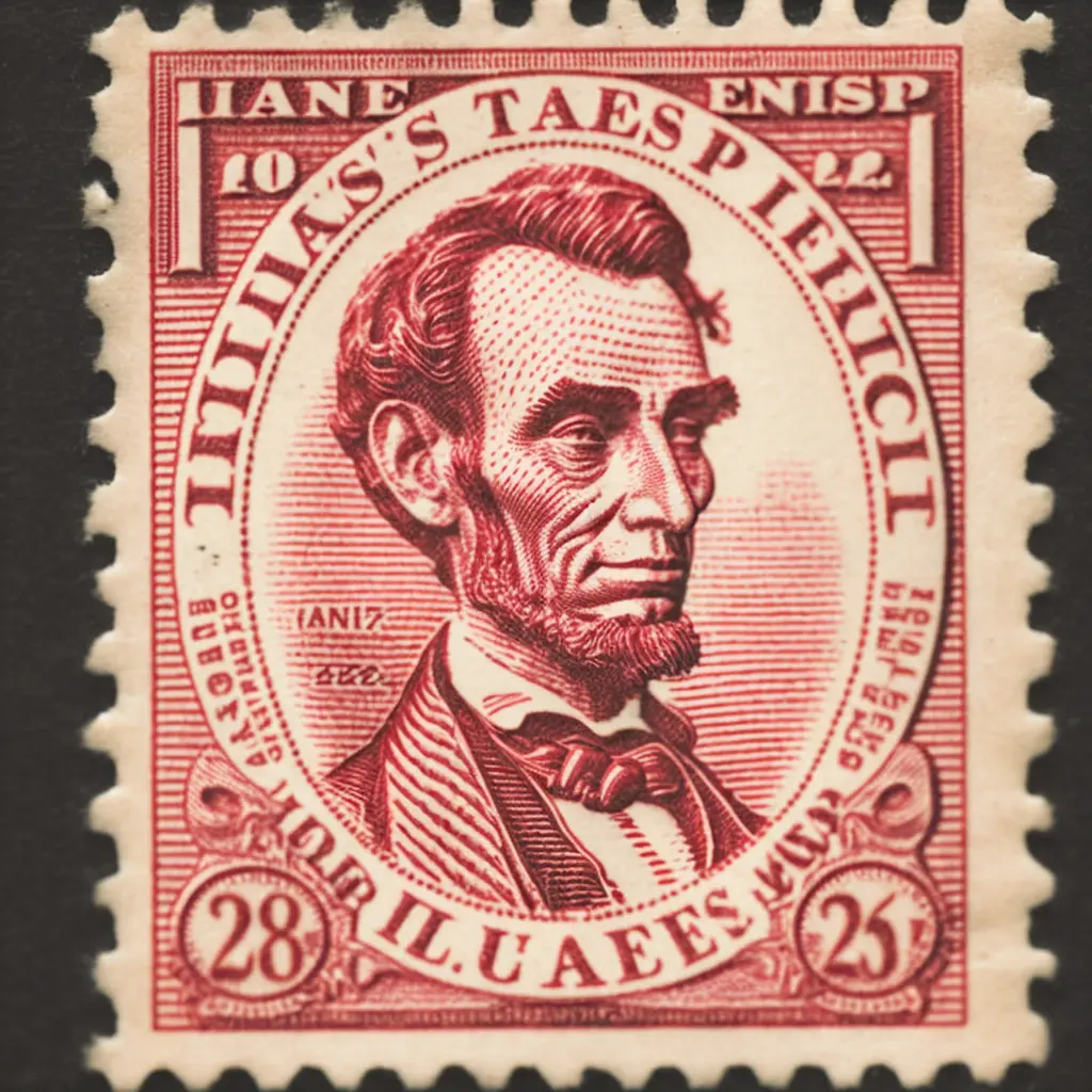 vintage 2 cent postage stamp of Abe Lincoln, red ink, line engraving, intaglio